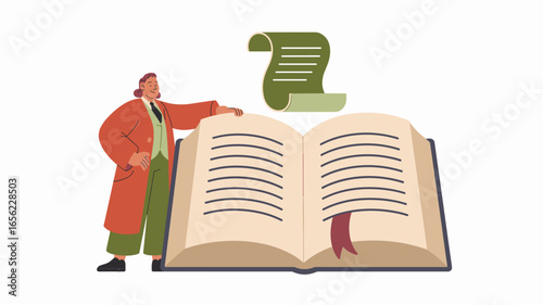 legal scholar with a large law book and scroll vector illustration