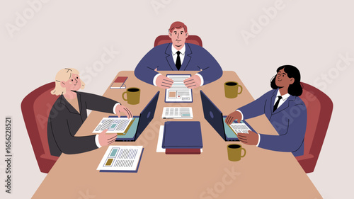 board of directors in a conference room meeting vector illustration, law firm team meeting, corporate strategy discussion and legal consultation