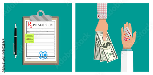 Doctor hand give prescription to man hand holding money. Payment for medicine. Pharmaceutical business concept.