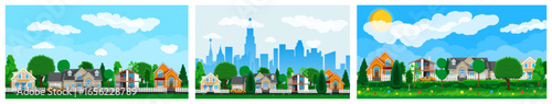 Set of three suburban landscapes with modern houses, green trees, and blue sky. City skyline and residential area banner collection.