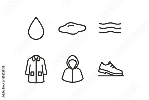 simple outline stroke icon items monoline icons style isolated on white background dark academia (rain): drop puddle mist coat hood step