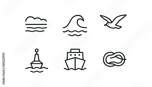 simple outline stroke icon items monoline icons style isolated on white background sea (fog): mist wave gull buoy hull rope