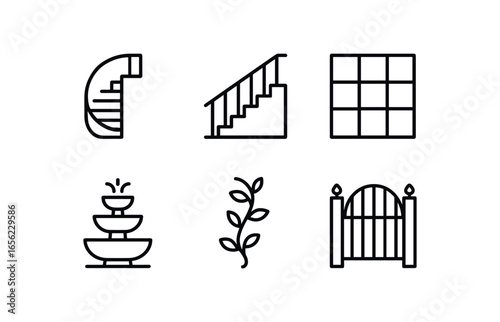 simple outline stroke icon items monoline icons style isolated on white background courtyard (spiral): stairs rail tiles fountain vine gate
