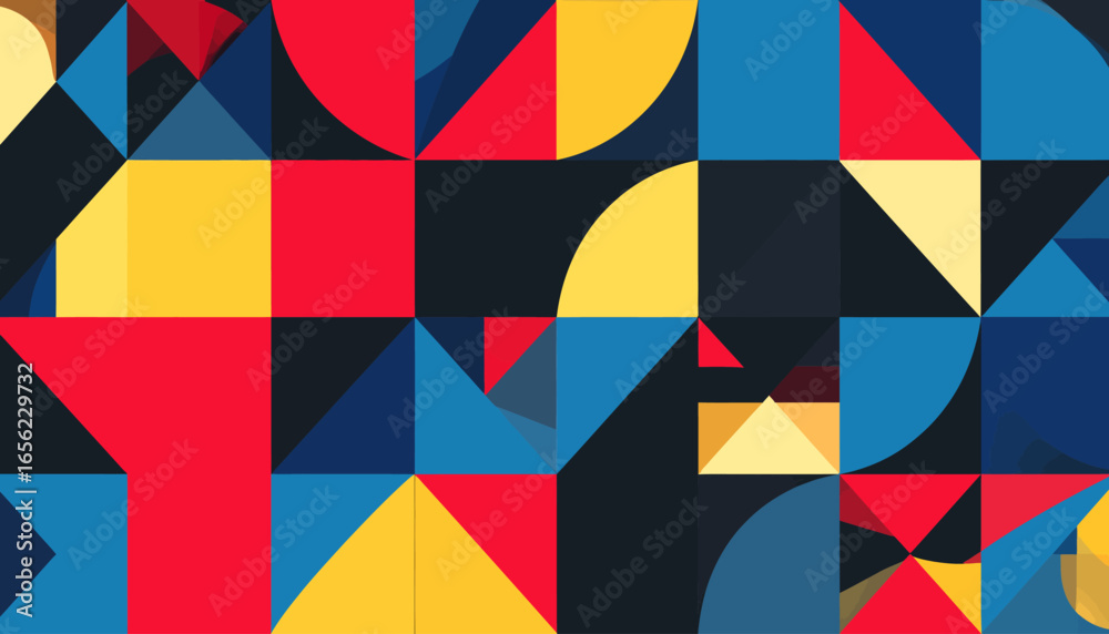 Obraz premium Abstract Geometric Pattern Red, Blue, Yellow Triangles and Circles