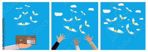 Money flying out of a wallet and hand trying to catch it. Financial loss concept for business.