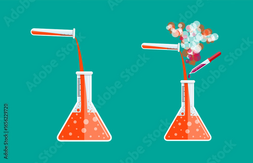 Chemical reaction process illustration showing liquid pouring from test tube into flask with bubbles and pipette. Scientific experiment concept for education.