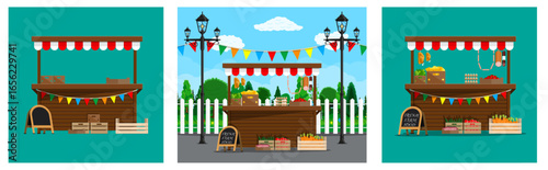 Set of three images of festive street market stall. Farmers market with fresh farm food products. Fair trade and local business concept.