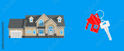 House with a flat design style and a key, symbolizing real estate purchase. Home buying concept for property sale advertising.