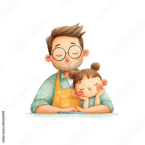 Watercolor Illustration of Father and Daughter Sharing a Peaceful Moment Together