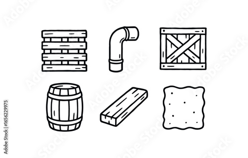hand drawn cute doodle style line isolated on white background reuse depot (items): pallet pipe crate barrel plank sheet