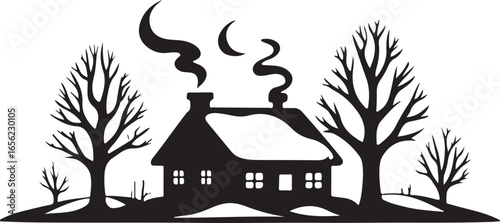 Black silhouette of a snow covered house with smoking chimneys and bare trees under a crescent moon winter