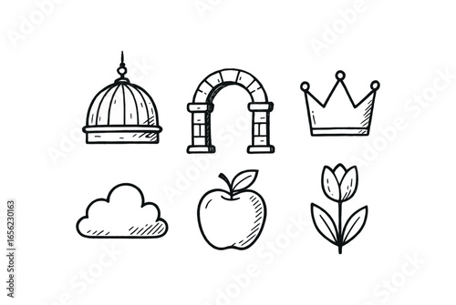hand drawn cute doodle ink line art style line monochrome monochrome isolated on white background dome arch crown (features): arch rib keystone finial cap spire