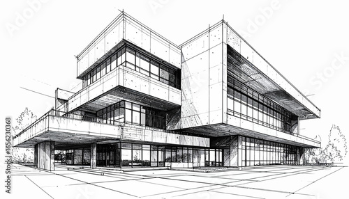 Architectural Sketch Modern Building Design Perspective Drawing