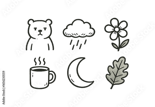 hand drawn cute doodle ink line art style line monochrome monochrome isolated on white background somber tone (traits): serious calm muted steady subdued reflective