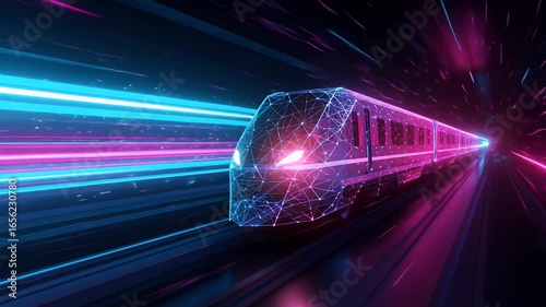 Futuristic neon train with glowing light trails animation