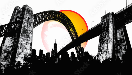 Sunrise over Urban Silhouette A Dramatic View of Cityscape and Bridge Architecture