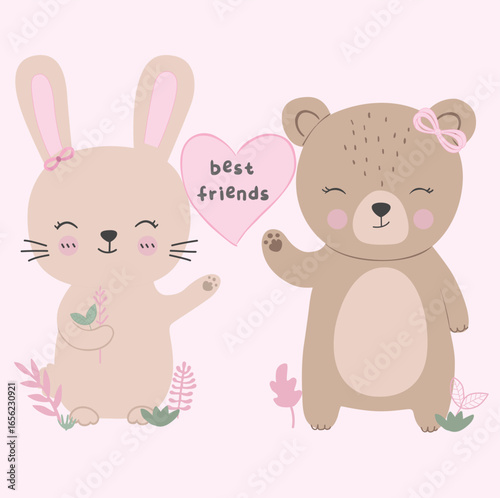 Cute bunny and bear friendship with text lettering best friend and bunny holding some leaf and bunny and bear happy face cute graphic for girls t-shirts and sweattop, sticker print etc.