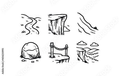 hand drawn cute doodle ink line art style line monochrome monochrome isolated on white background cliff hiking (features): trail ledge slope rock rope view