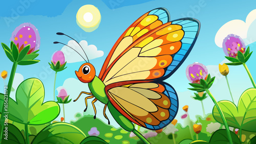 Butterfly resting on wild clover flowers in natural sunlight. A colorful, picturesque macro shot with a dreamy effect in soft background  vector illustration.