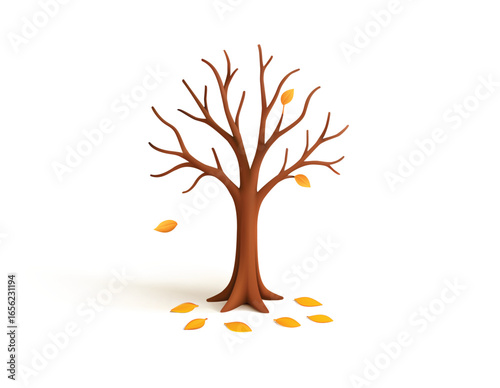 Autumn Tree with Falling Yellow Leaves minimalist vector 3D Illustration for web graphics, print materials, and seasonal campaigns.
