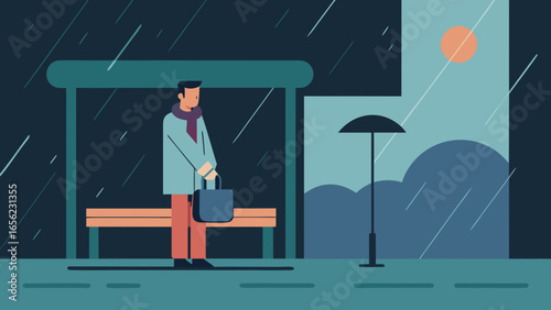 Man waiting at a bus stop in the rain during evening hours, representing patience and solitude in urban life