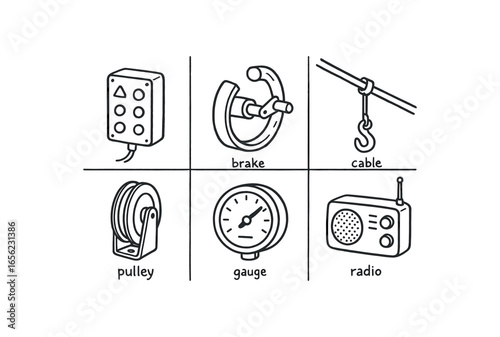 hand drawn cute doodle ink line art style line monochrome monochrome isolated on white background incline lift driver (tools): control brake cable pulley gauge radio