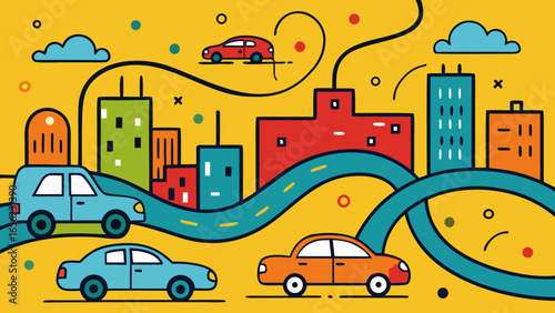 Colorful cityscape with cars on winding roads, representing urban traffic, transportation and modern city life
