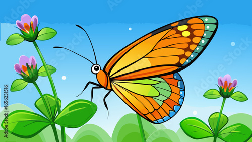 Butterfly resting on wild clover flowers in natural sunlight. A colorful, picturesque macro shot with a dreamy effect in blue background  vector illustration.