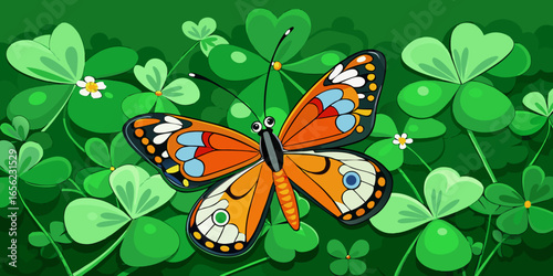 Butterfly resting on wild clover flowers in natural sunlight. A colorful, picturesque macro shot with a dreamy effect in dark green background  vector illustration.