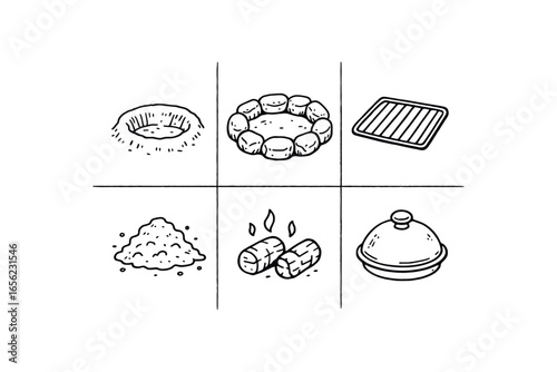 hand drawn cute doodle ink line art style line monochrome monochrome isolated on white background pit fire oven (parts): pit rock grate ash ember lid