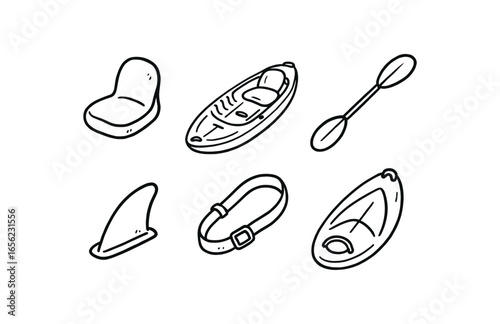 hand drawn cute doodle ink line art style line monochrome monochrome isolated on white background wave ski board (features): hull paddle fin strap bow