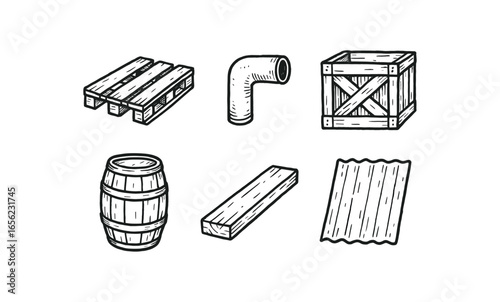 hand drawn cute doodle ink line art style line monochrome monochrome isolated on white background waste reuse yard (items): pallet pipe crate barrel plank sheet