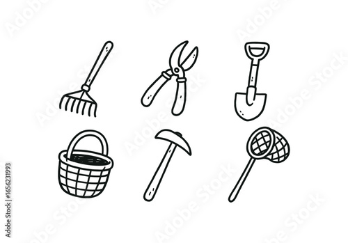 hand drawn cute doodle ink line art style line monochrome monochrome isolated on white background grove keeper (tools): rake pruner spade basket hoe net