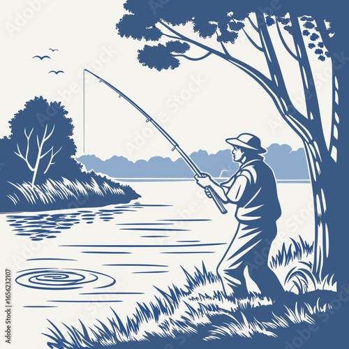 Vintage Style Fisherman Vector Illustration by Lake
