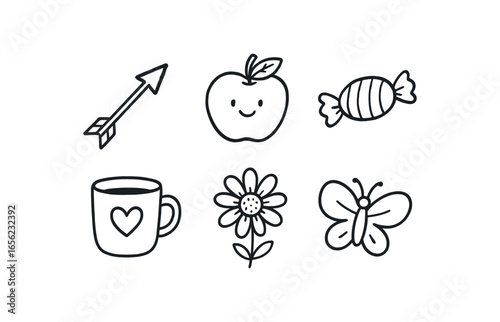 hand drawn cute doodle ink line art style line monochrome monochrome isolated on white background direction arrowhead (parts): tip shaft base edge point notch