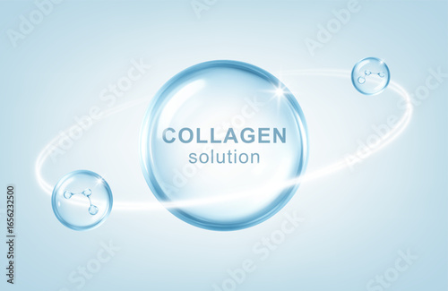 Glossy blue collagen drop with molecular structure and light orbit. Beauty and skincare concept. Vector illustration