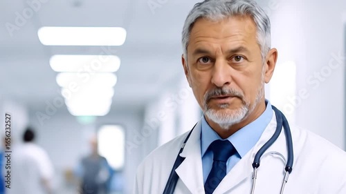 Experienced doctor in hospital corridor, reviewing patient records and medical notes with care and