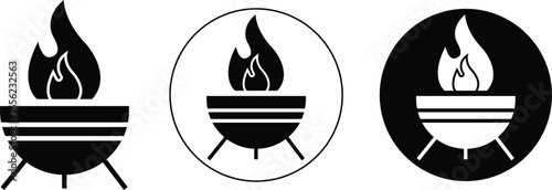 Fire pit icons set in flat styles. Outdoor fireplace symbols collection and campfire group. Burning flame, heater, bonfire, backyard fire bowl, and patio heating vector illustrations