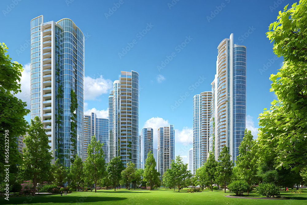 Obraz premium Luxurious modern residential high-rise towers with lush green park on a beautiful sunny day perfect for real estate