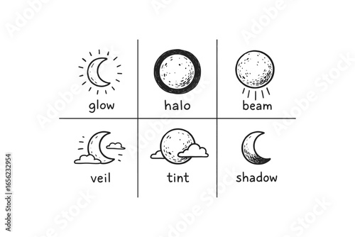 hand drawn cute doodle ink line art style line monochrome monochrome isolated on white background moon shimmer (features): glow beam veil tint shadow