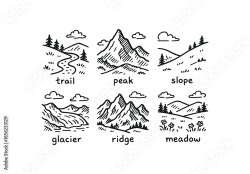 hand drawn cute doodle ink line art style line monochrome monochrome isolated on white background alpine hiking (features): trail peak slope glacier ridge meadow