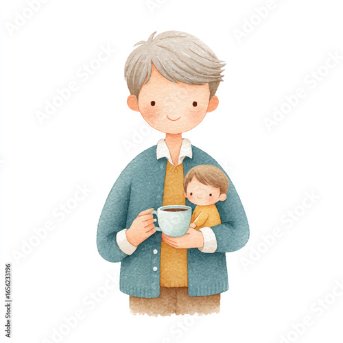 Watercolor Illustration of Father Holding Coffee and Child in His Arms