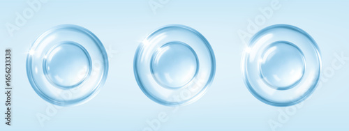 Realistic transparent collagen or hyaluronic acid. Liquid drops, serum, gel or collagen texture. Skin care cosmetic hydration concept. Vector illustration.