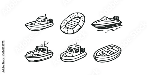 hand drawn cute doodle ink line art style line monochrome monochrome isolated on white background rapid launch craft (types): rigid inflatable jet patrol rescue tender