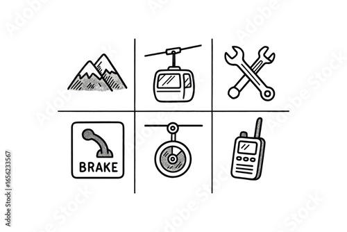 hand drawn cute doodle ink line art style line monochrome monochrome isolated on white background mountain cable operator (tools): control brake cable pulley gauge radio