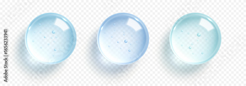 Transparent  hydrating gel droplets. Liquid drops, serum, gel or collagen texture. Skin care cosmetic hydration spots. Vector illustration