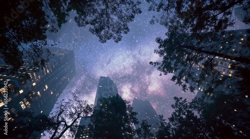 A photorealistic timelapse of starry night sky above a city park, silhouettes of trees framing skyscrapers