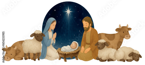 Vector Watercolor Nativity scene clipart with Mary, Joseph, Baby Jesus, star, animals. Perfect for Christmas cards, posters, crafts, Christian art and festive decorations.