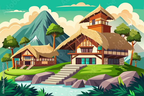 vector of The architecture of mountain houses with stone, wood and thatch has a special harmony with nature and conveys a sense of authenticity and simplicity.