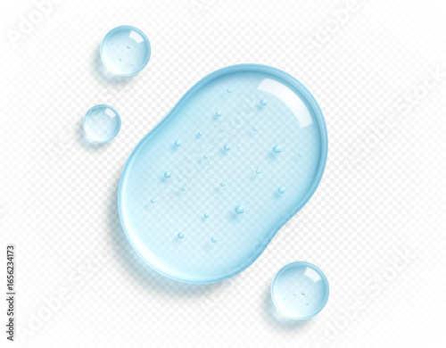 Transparent hydrating gel droplet. Liquid drops, serum, gel or collagen texture. Skin care cosmetic hydration spots. Vector illustration